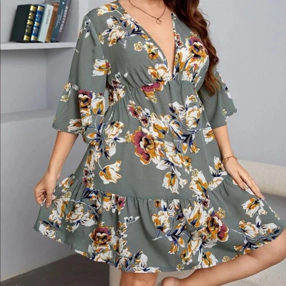 Boho Plus Size Floral Print Ruffle Hem Mini Dress - Picture 3 of 13